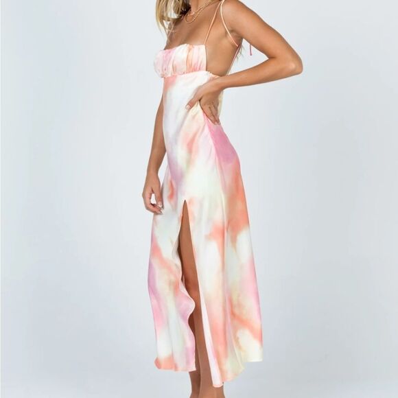 Princess Polly Pink Carsa Tie Dye Satin Tie Strap Midi High Slit Slip Dress 12US - Picture 4 of 12